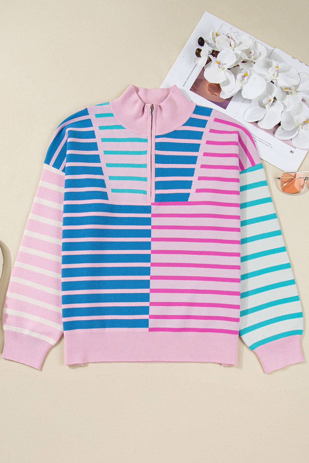 Sky Blue Stripe Colorblock Patchwork Plus Size Half Zip Knit Dear-Lover Dropshipping
